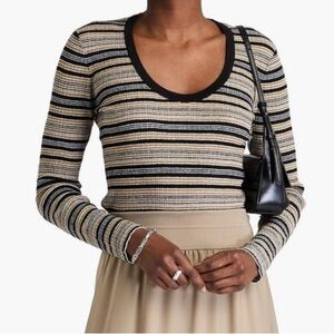 James Perse Knit Striped Long Sleeve Scoop Top Linen Blend Black Tan size 0 New